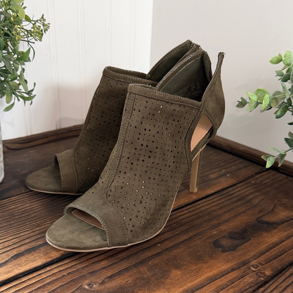 Christian Siriano Olive Heeled Peep-Toe Boots